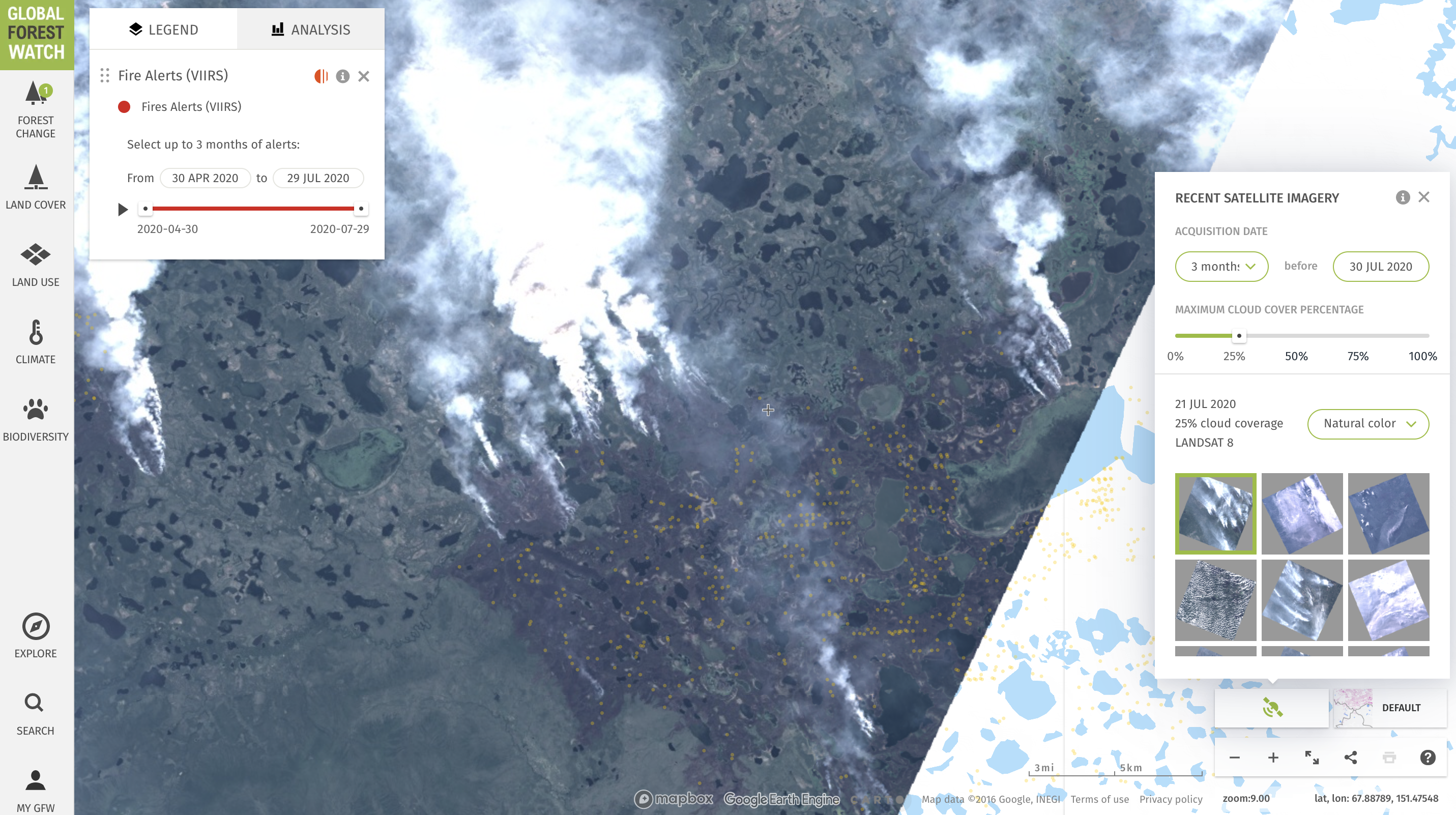 Global Forest Watch map, satellite images of fires in Siberia in July 2020